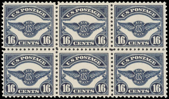 STAMPS: Block of Six Scott C5 16¢ Air Mail Stamps